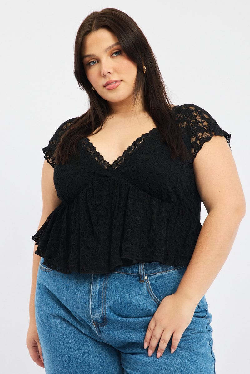 Black Lace Top Short Sleeve V-neck for YouandAll Fashion