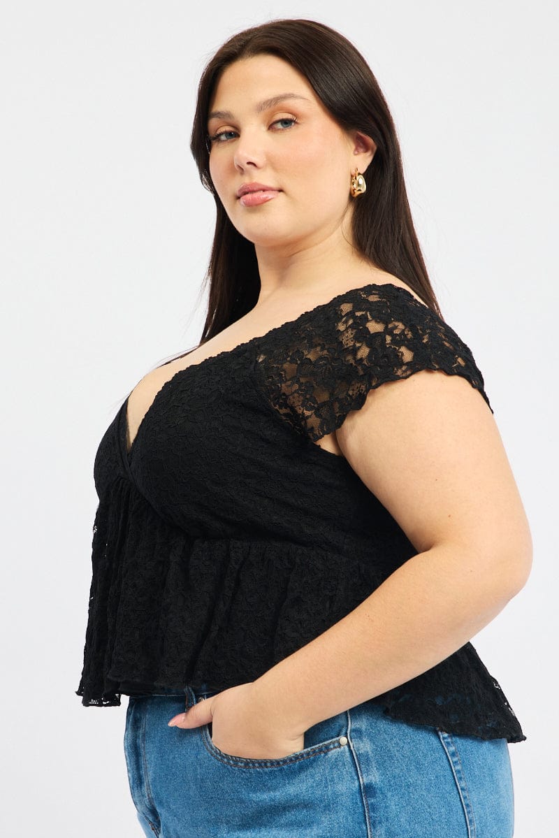 Black Lace Top Short Sleeve V-neck for YouandAll Fashion