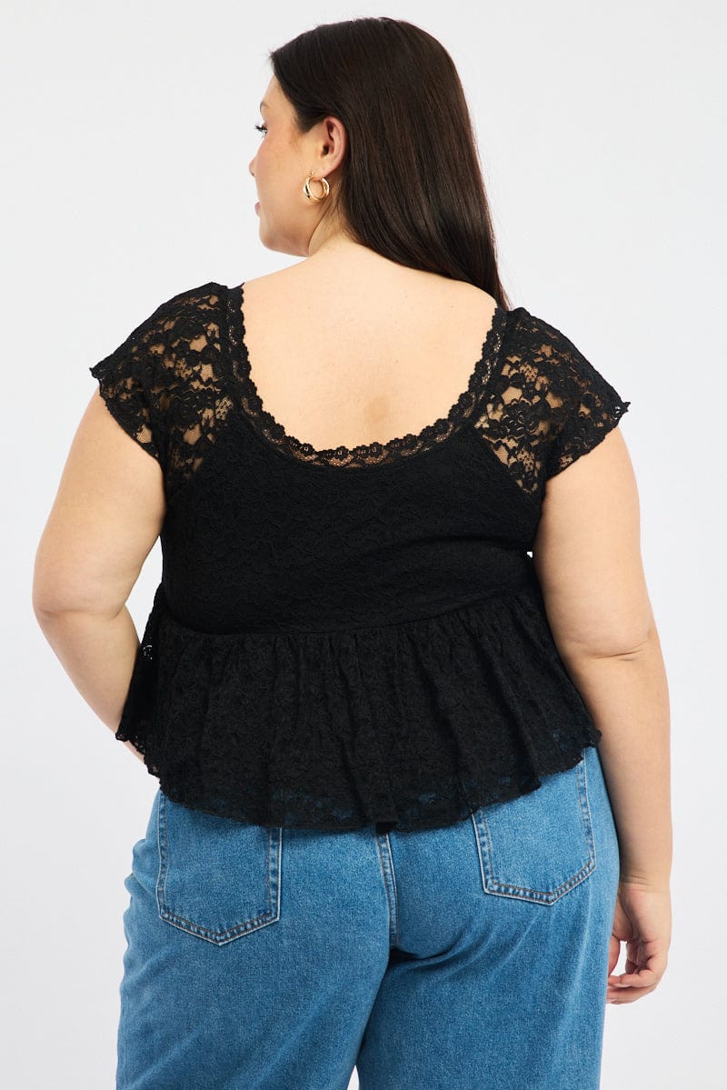 Black Lace Top Short Sleeve V-neck for YouandAll Fashion