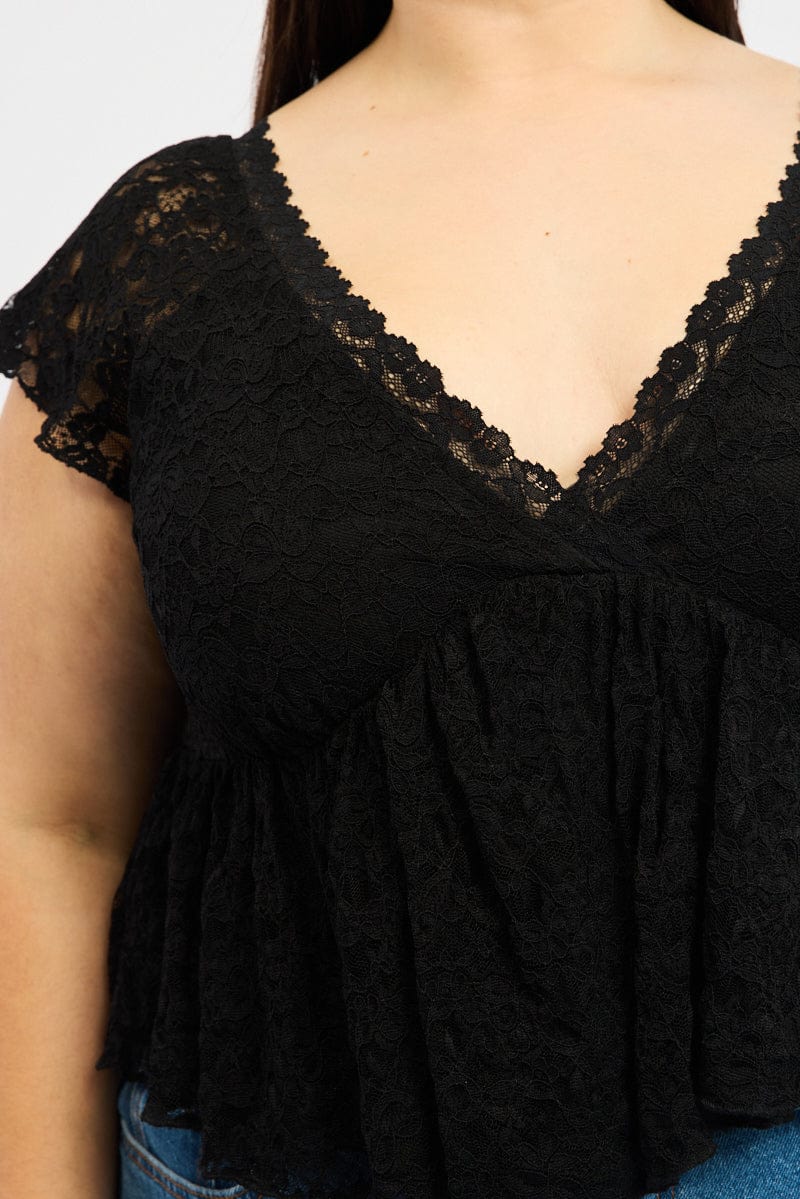 Black Lace Top Short Sleeve V-neck for YouandAll Fashion