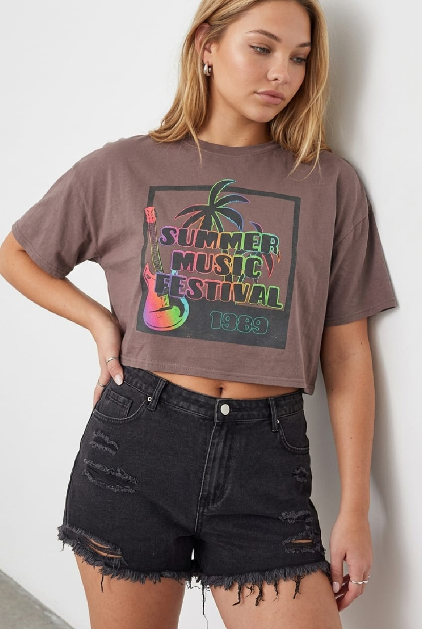 Brown Graphic T-shirt Short Sleeve Music Festival for YouandAll Fashion