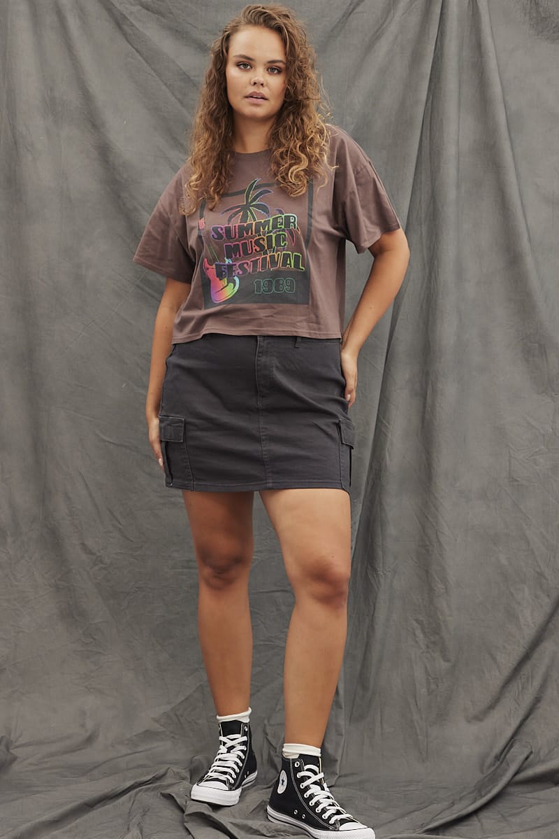 Brown Graphic T-shirt Short Sleeve Music Festival for YouandAll Fashion