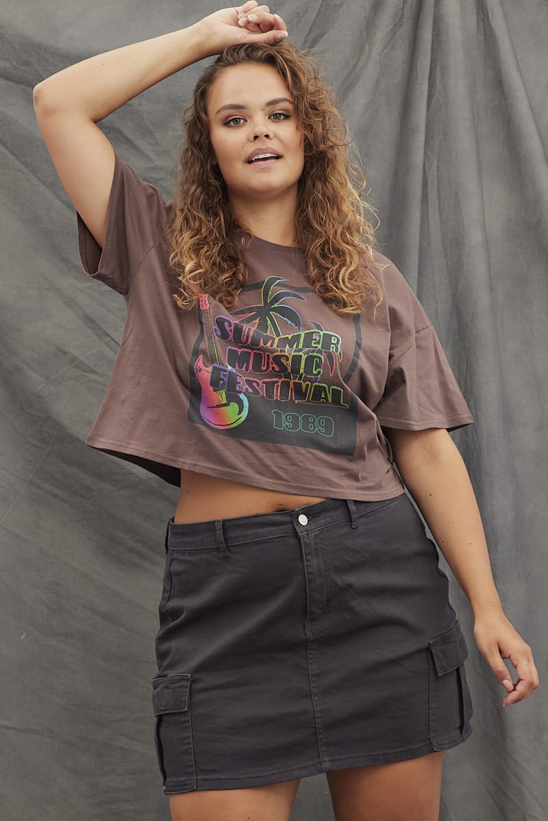 Brown Graphic T-shirt Short Sleeve Music Festival for YouandAll Fashion