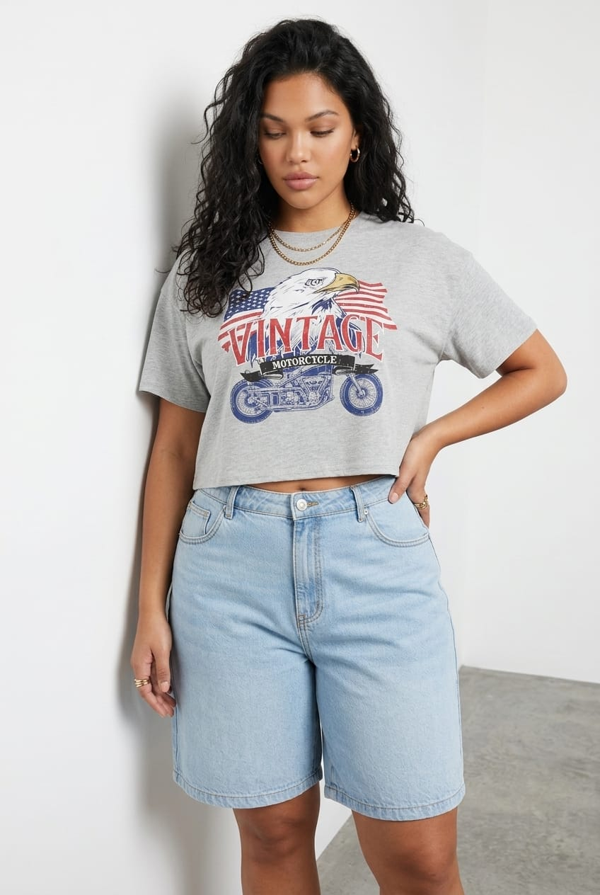Grey Graphic T-shirt Vintage Bike Crop Cotton for YouandAll Fashion