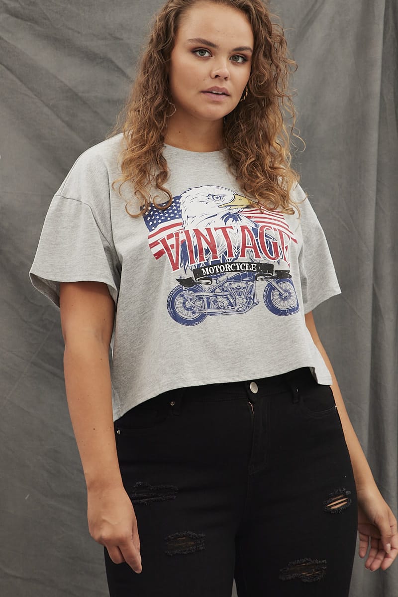 Grey Graphic T-shirt Vintage Bike Crop Cotton for YouandAll Fashion