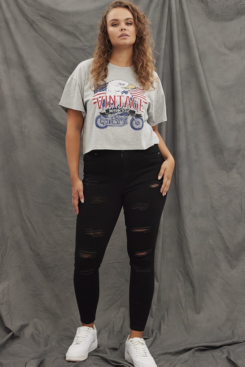 Grey Graphic T-shirt Vintage Bike Crop Cotton for YouandAll Fashion