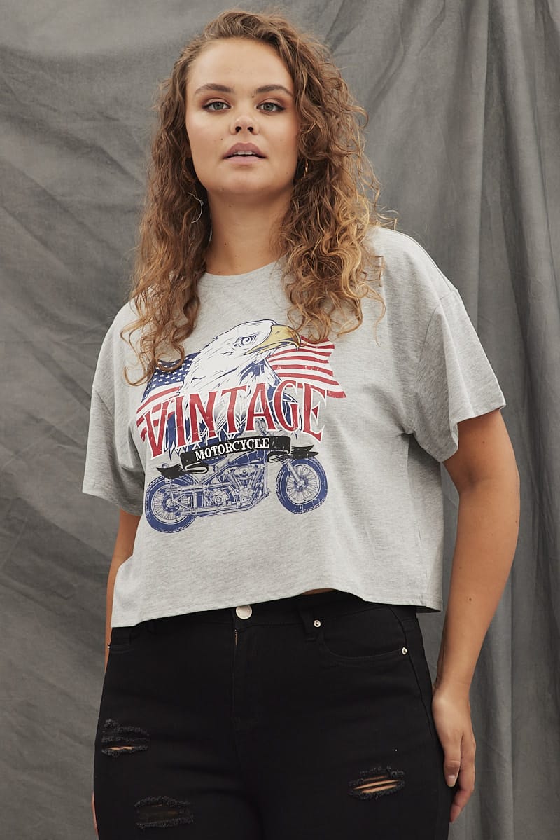 Grey Graphic T-shirt Vintage Bike Crop Cotton for YouandAll Fashion