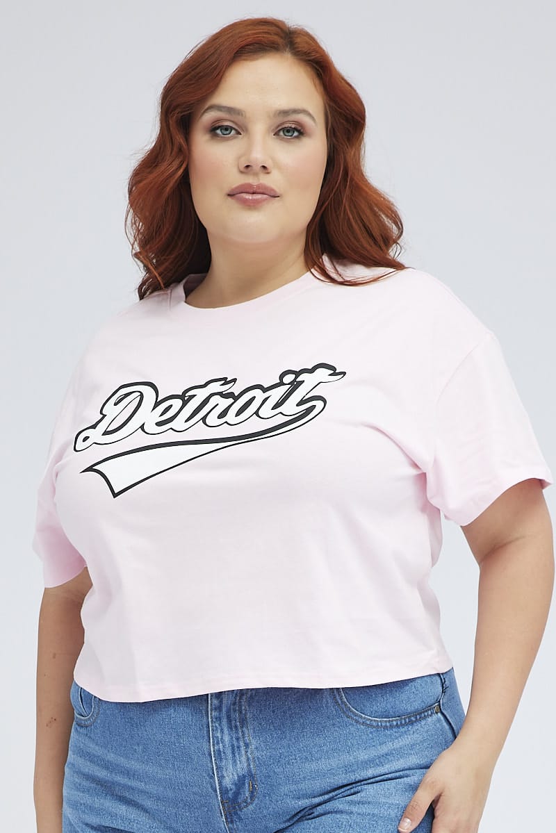 Pink Graphic T-shirt Detroit Crop Cotton for YouandAll Fashion