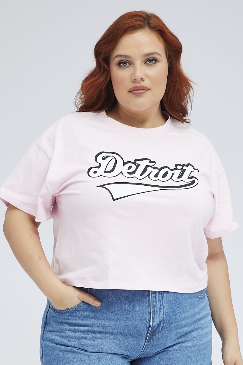 Pink Graphic T-shirt Detroit Crop Cotton for YouandAll Fashion