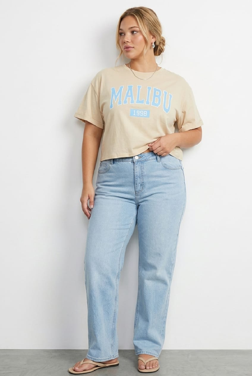 Beige Short Sleeve Malibu Semi Crop Sand T-shirt