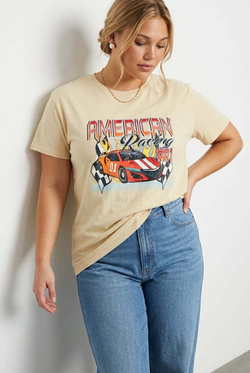 Beige Short Sleeve American Racing Regular Sand T-shirt