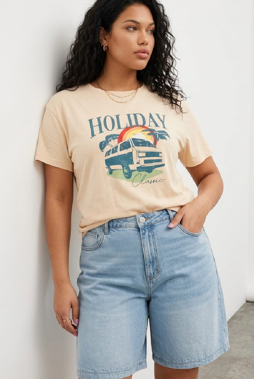 Beige Short Sleeve Holiday Regular T-shirt for YouandAll Fashion