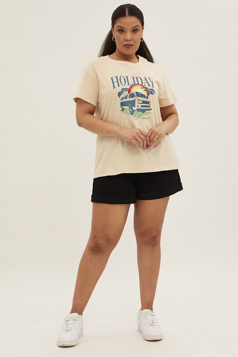 Beige Short Sleeve Holiday Regular T-shirt for YouandAll Fashion