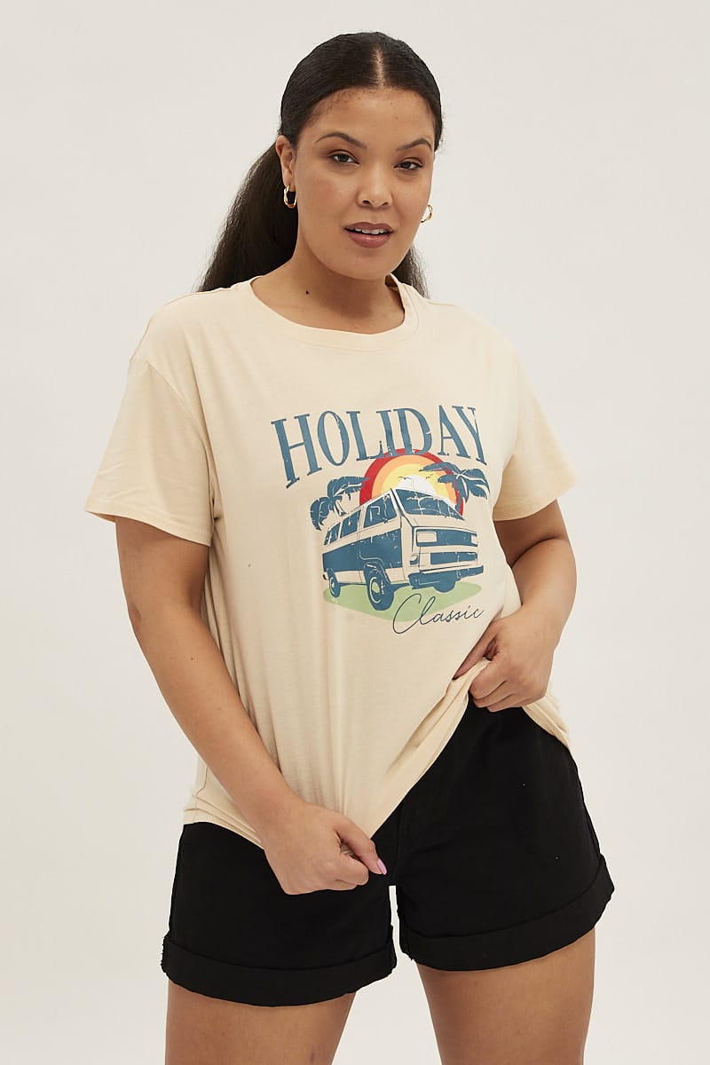 Beige Short Sleeve Holiday Regular T-shirt for YouandAll Fashion