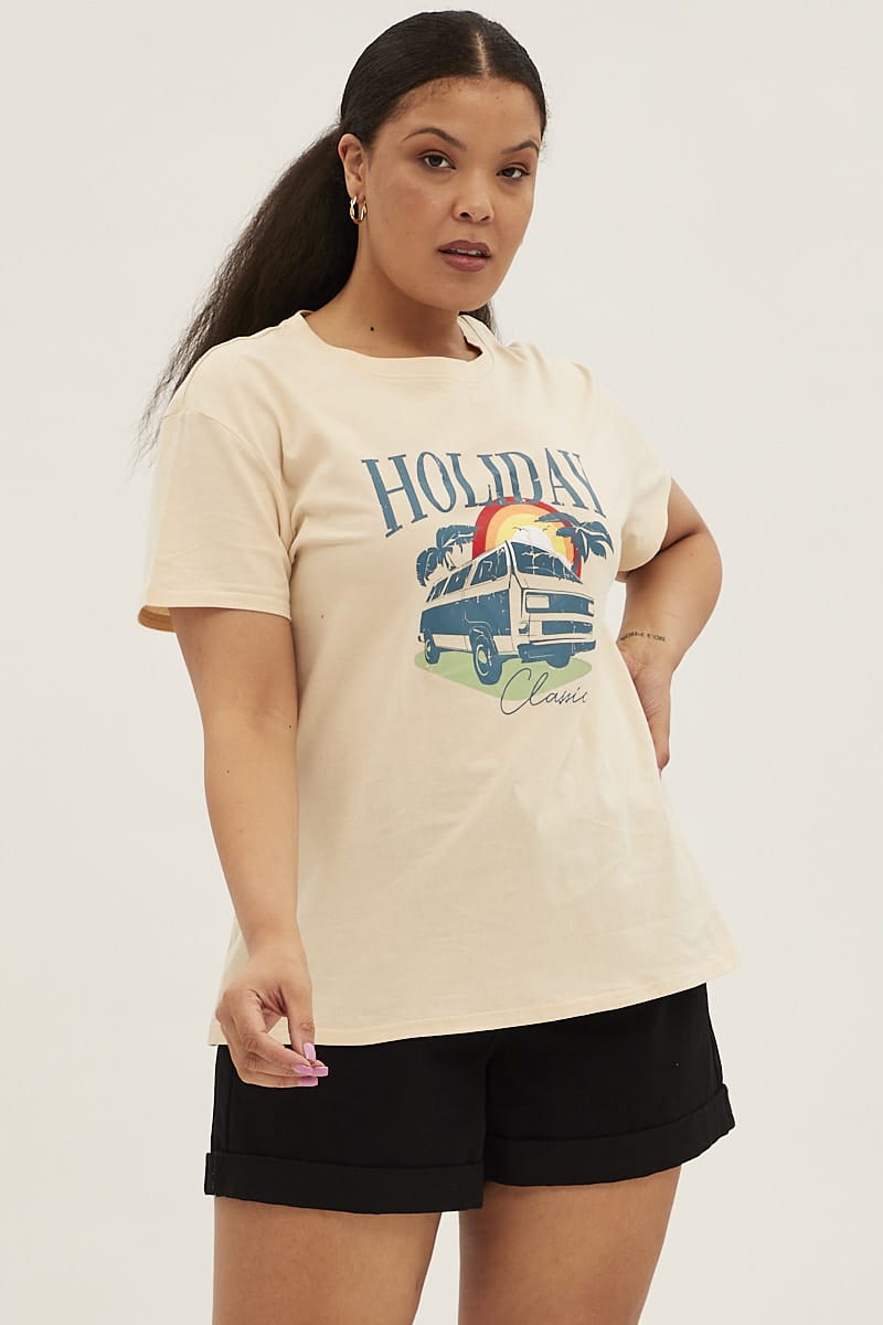 Beige Short Sleeve Holiday Regular T-shirt for YouandAll Fashion