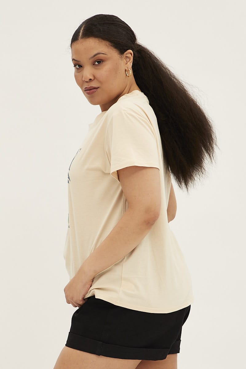 Beige Short Sleeve Holiday Regular T-shirt for YouandAll Fashion