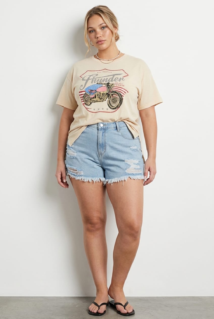 Beige Graphic T-shirt Thunder Motor Short Sleeve Cotton