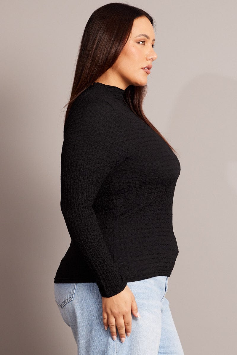 Black Top Long Sleeve High Neck Textured Jersey for YouandAll Fashion