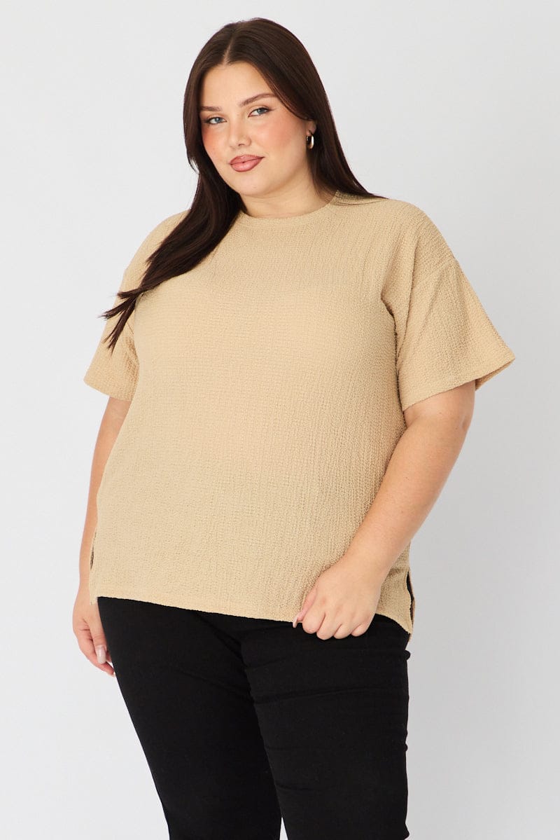 Beige Textured Top Short Sleeve Crew Neck for YouandAll Fashion