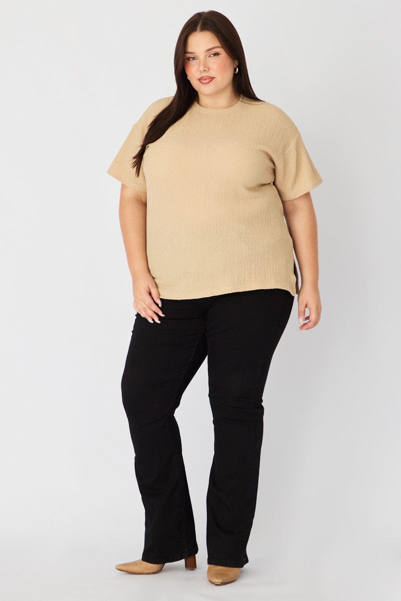 Beige Textured Top Short Sleeve Crew Neck for YouandAll Fashion