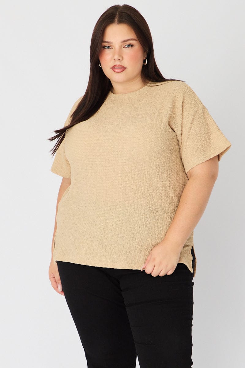 Beige Textured Top Short Sleeve Crew Neck for YouandAll Fashion