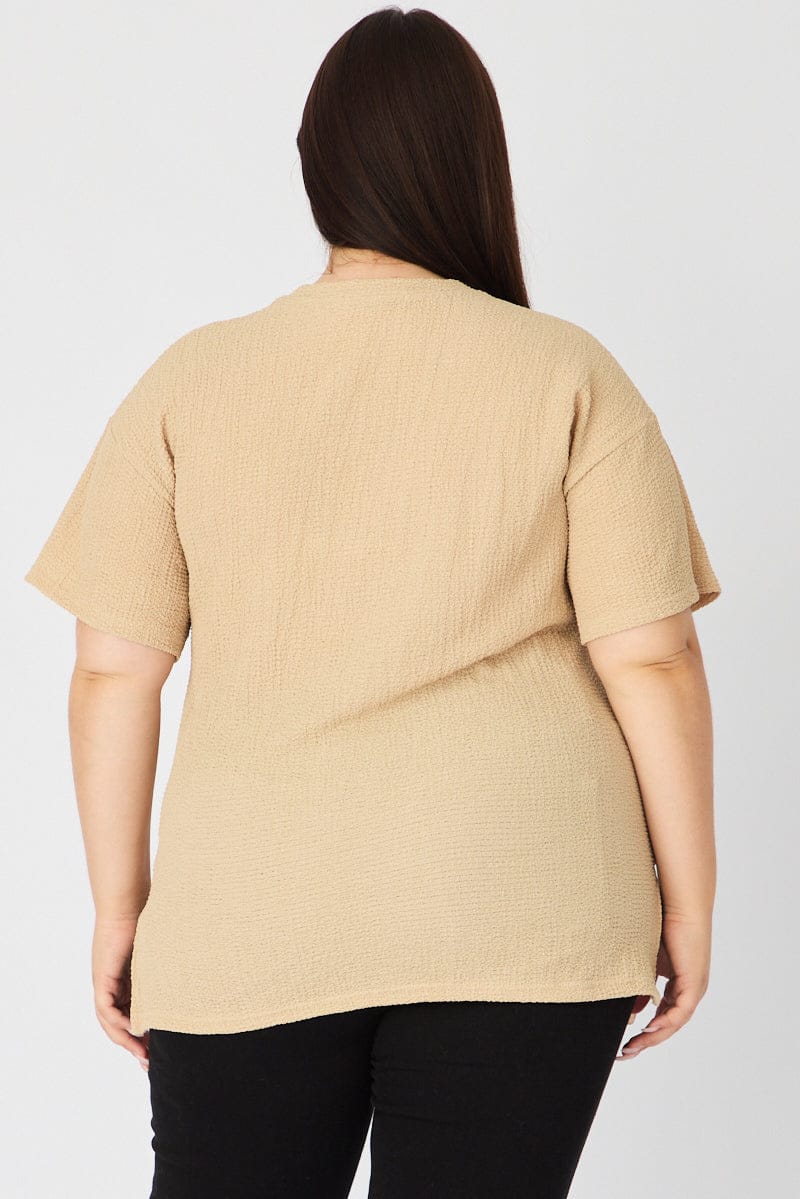 Beige Textured Top Short Sleeve Crew Neck for YouandAll Fashion