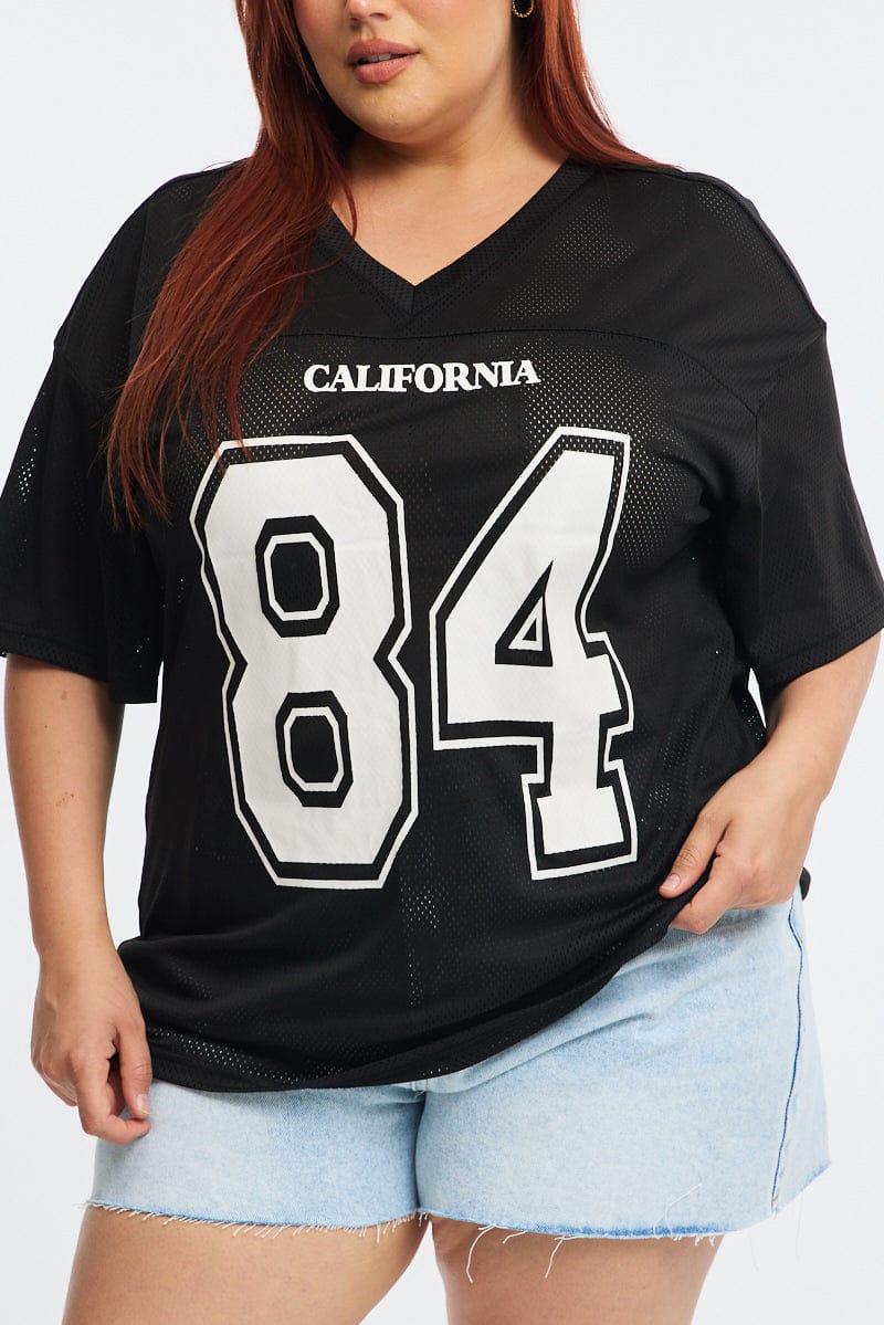 Black Graphic Tee Short Sleeve V-neck for YouandAll Fashion