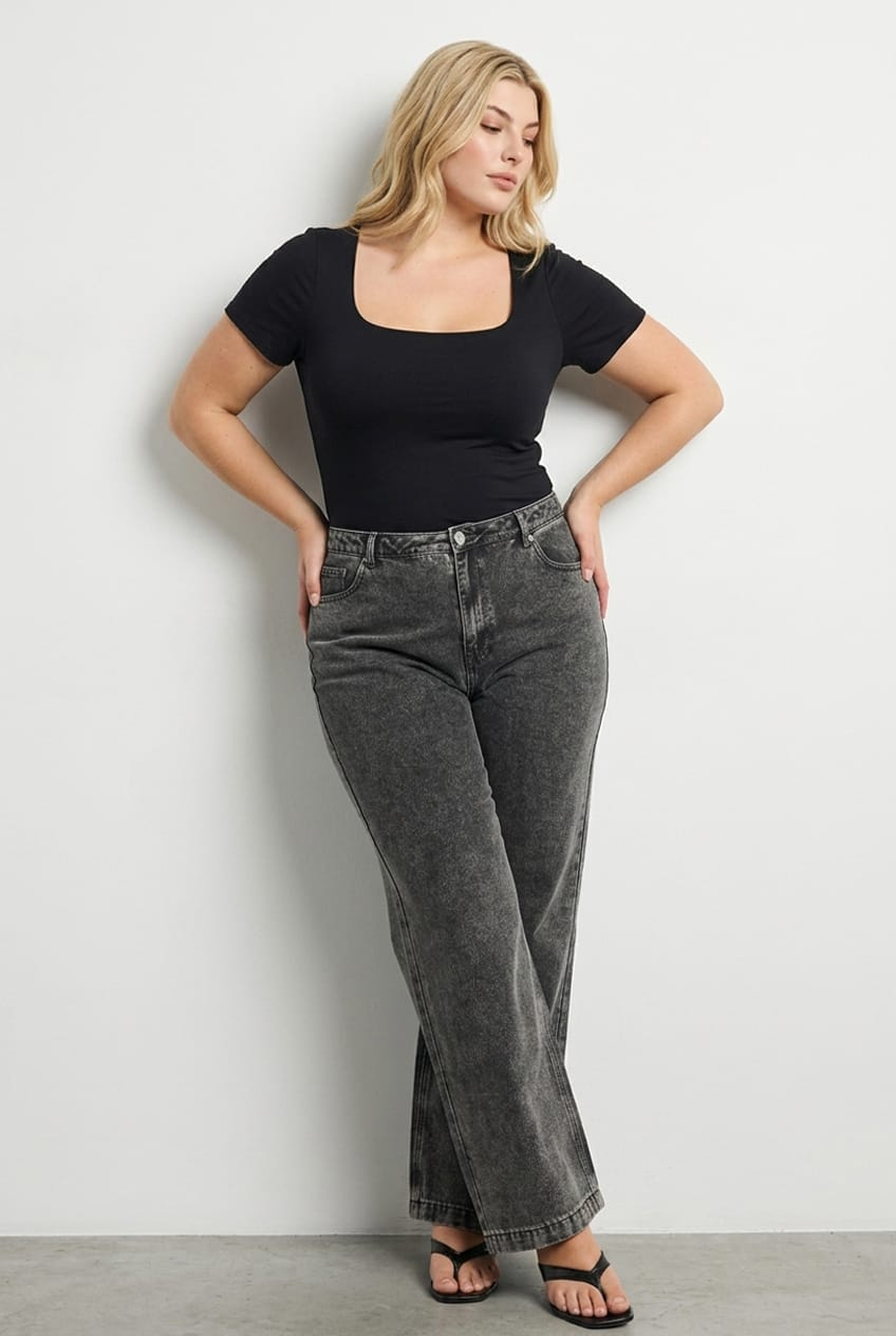 Black Square Neck Top Short Sleeve Double Layered for YouandAll Fashion