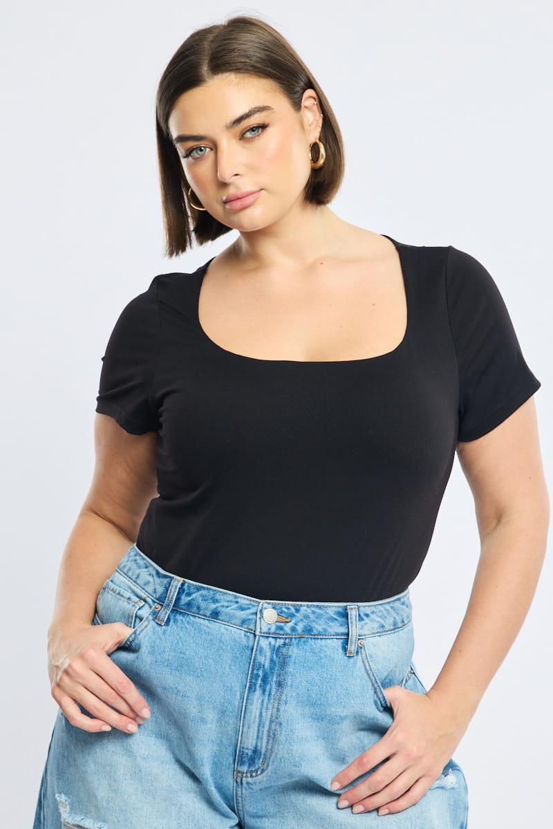 Black Square Neck Top Short Sleeve Double Layered for YouandAll Fashion