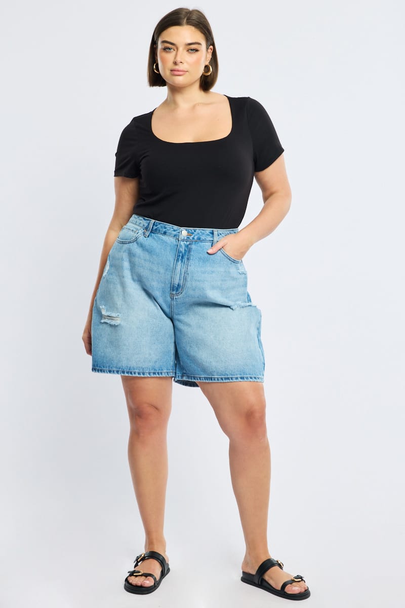 Black Square Neck Top Short Sleeve Double Layered for YouandAll Fashion