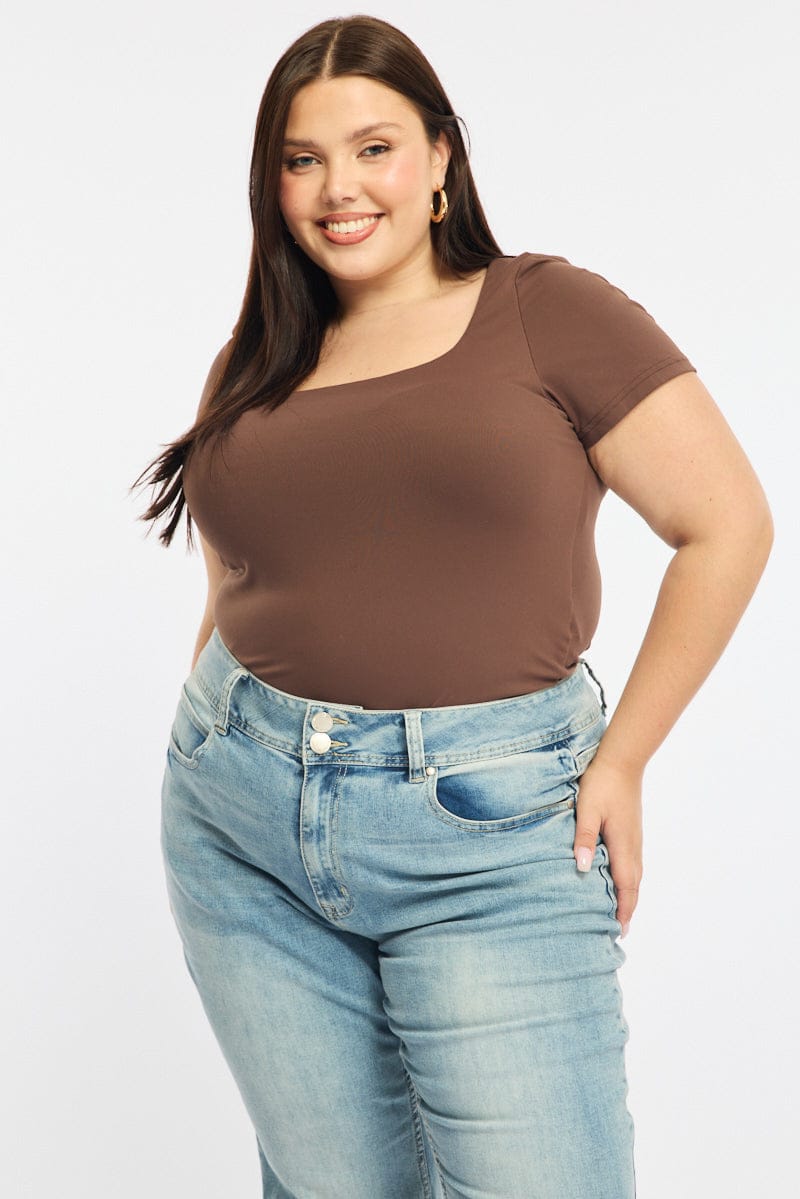 Brown Square Neck Top Short Sleeve Double Layered for YouandAll Fashion