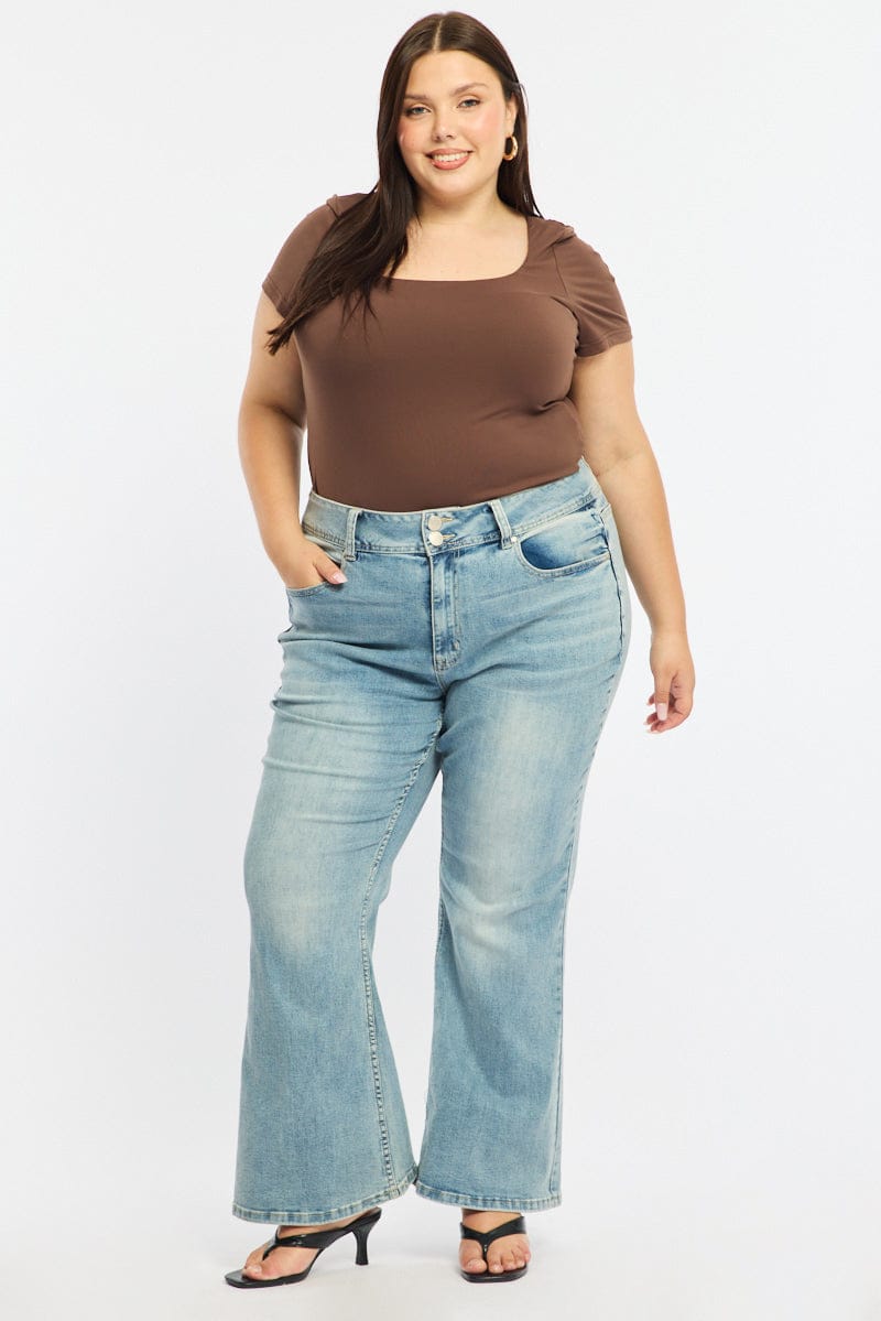 Brown Square Neck Top Short Sleeve Double Layered for YouandAll Fashion
