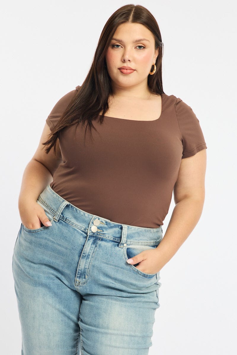 Brown Square Neck Top Short Sleeve Double Layered for YouandAll Fashion