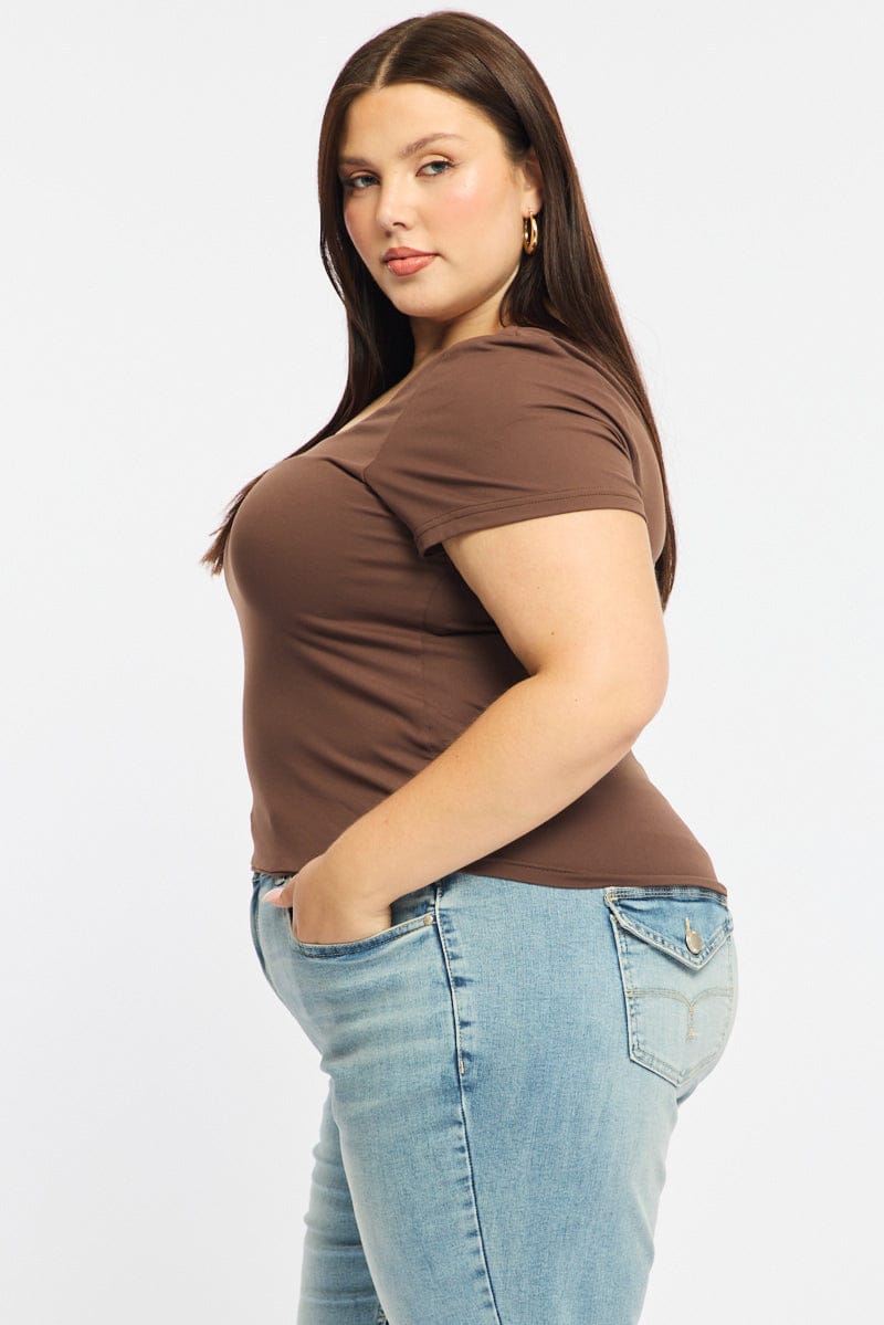 Brown Square Neck Top Short Sleeve Double Layered for YouandAll Fashion