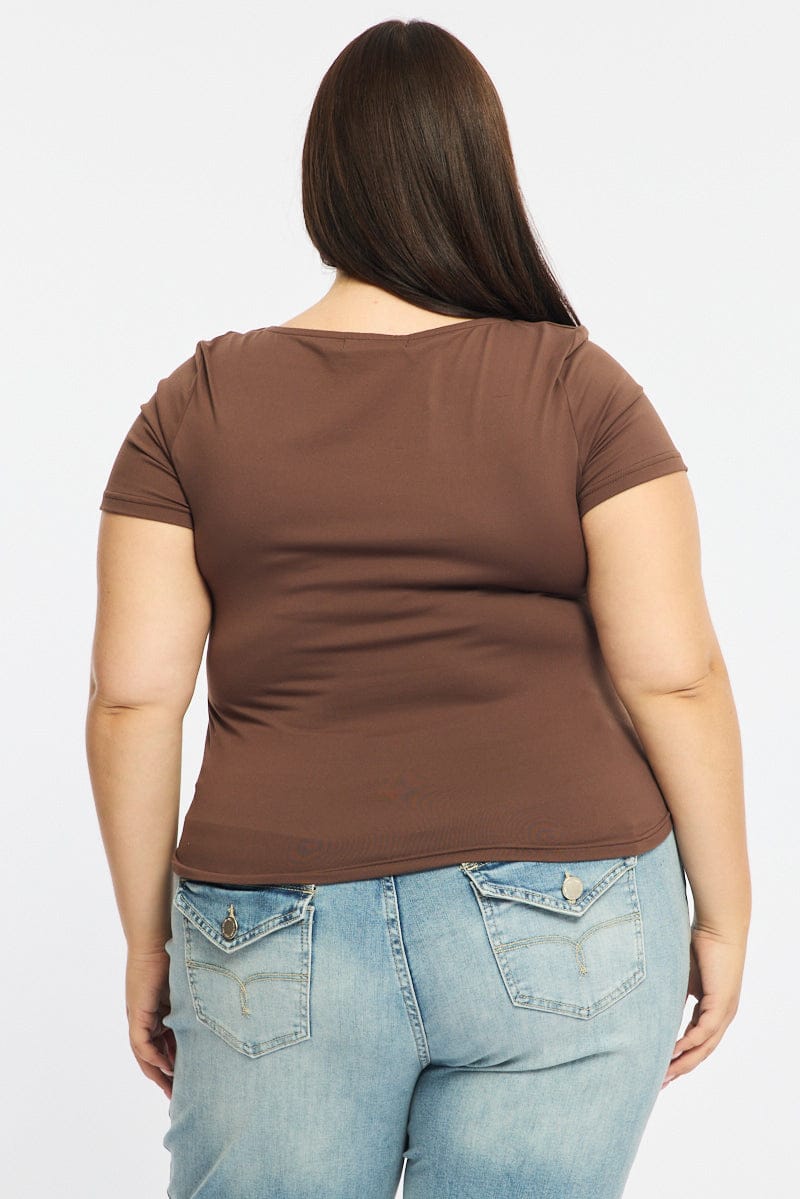 Brown Square Neck Top Short Sleeve Double Layered for YouandAll Fashion