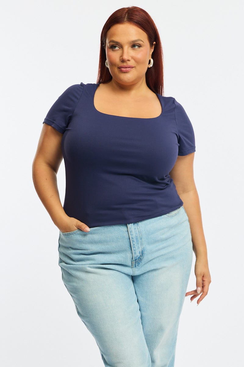 Blue Square Neck Top Short Sleeve Double Layered for YouandAll Fashion