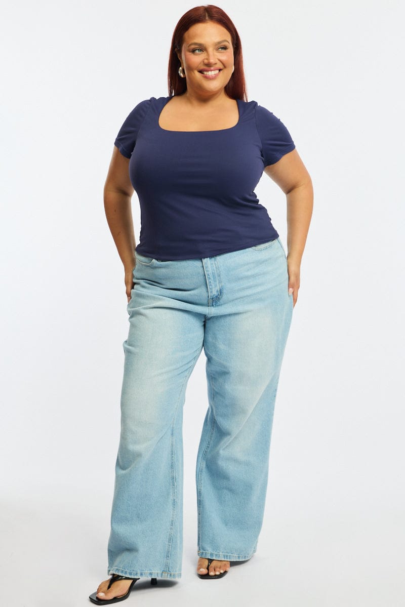 Blue Square Neck Top Short Sleeve Double Layered for YouandAll Fashion