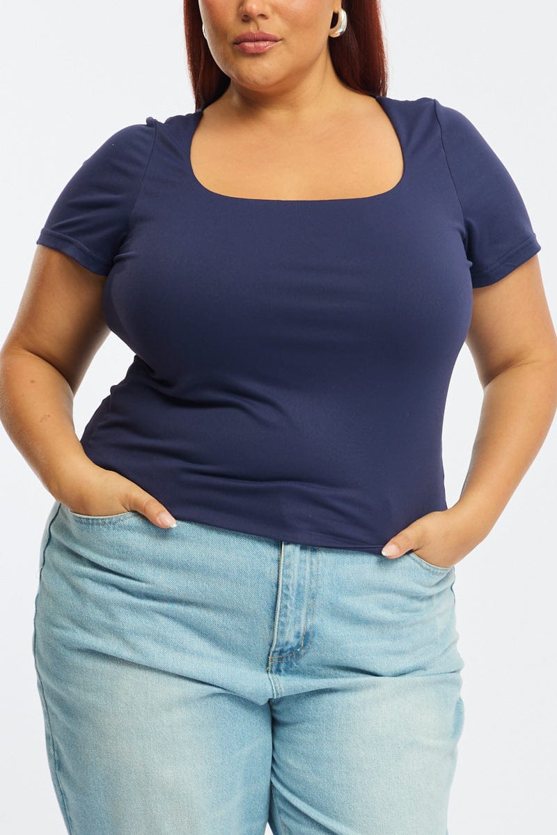 Blue Square Neck Top Short Sleeve Double Layered for YouandAll Fashion