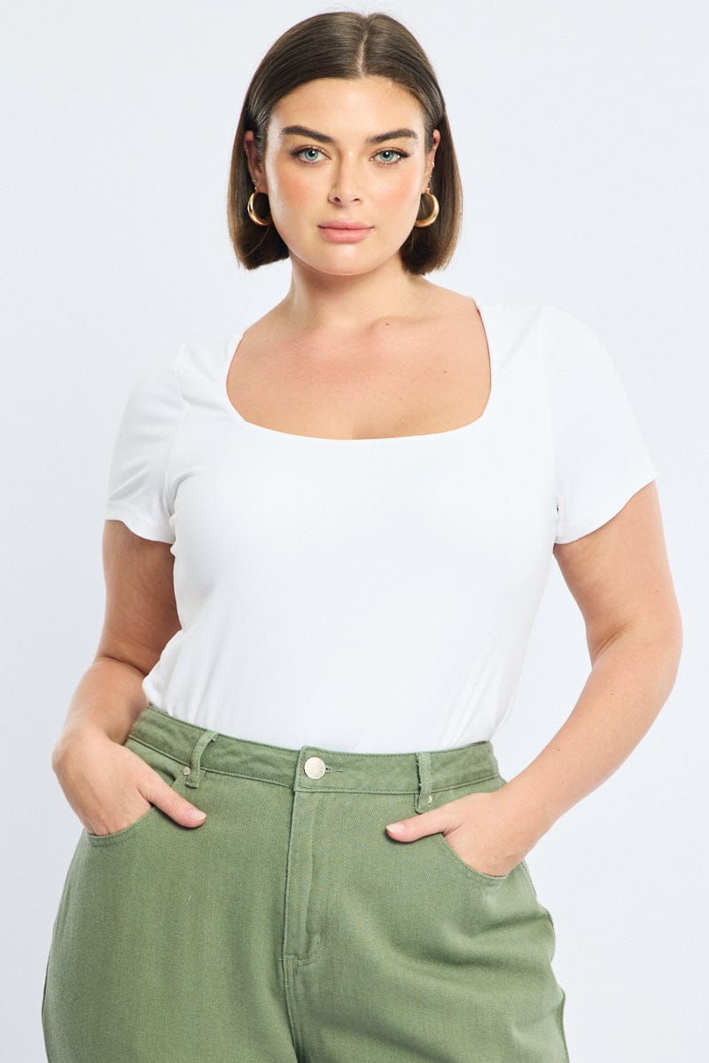 White Square Neck Top Short Sleeve Double Layered for YouandAll Fashion