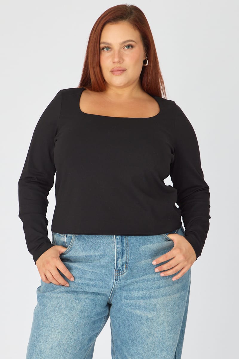 Black Supersoft Square Neck Top Long Sleeve for YouandAll Fashion