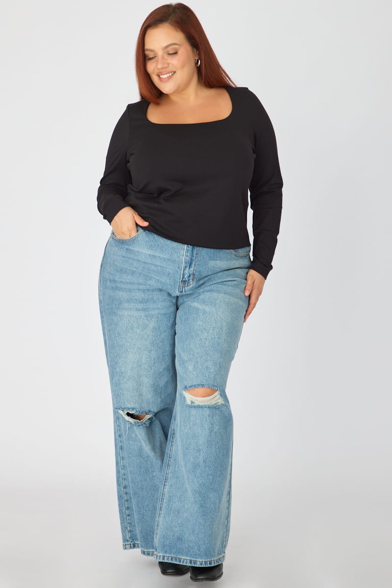 Black Supersoft Square Neck Top Long Sleeve for YouandAll Fashion