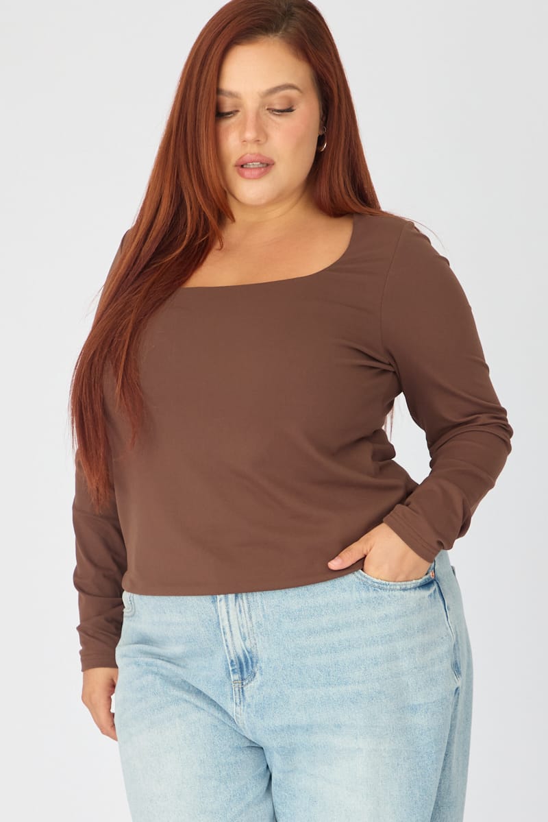 Brown Supersoft Square Neck Top Long Sleeve for YouandAll Fashion