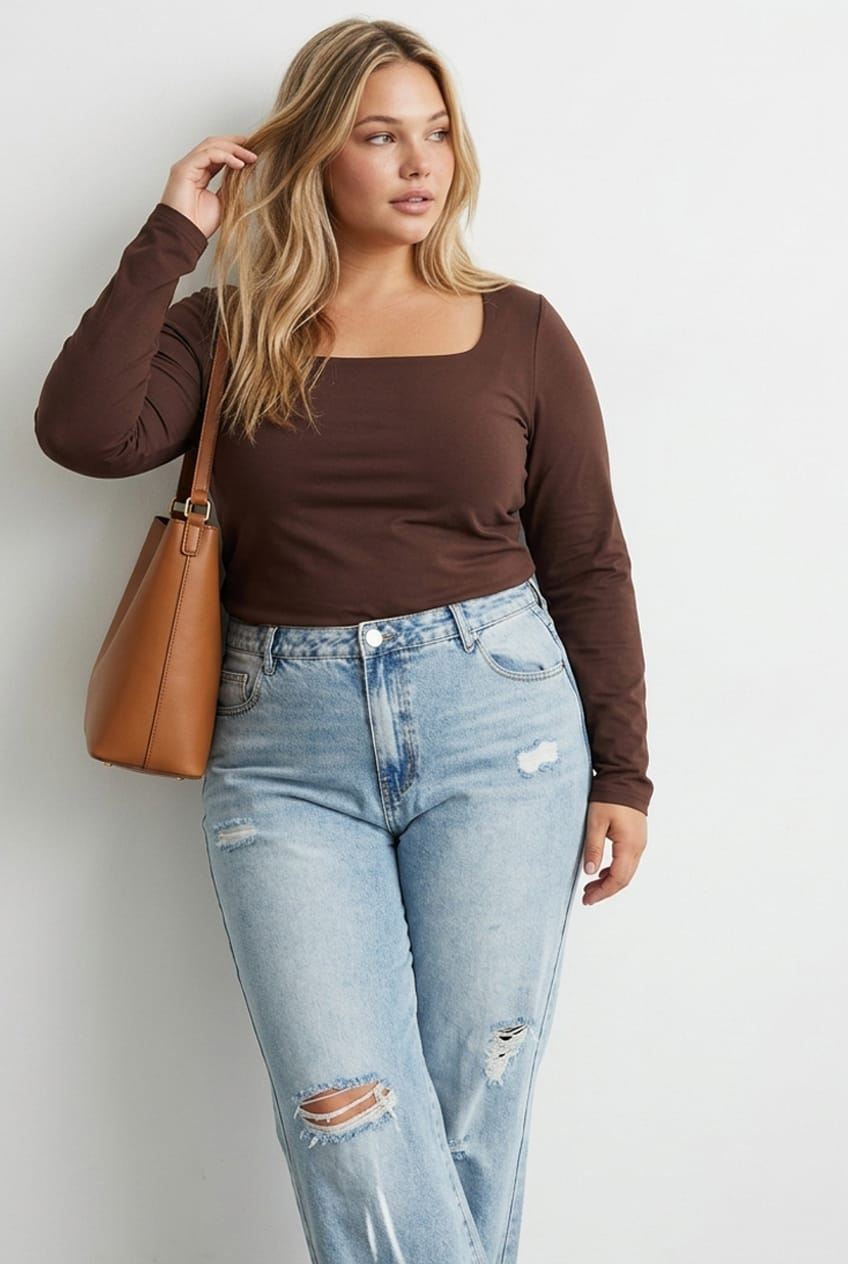 Brown Supersoft Square Neck Top Long Sleeve for YouandAll Fashion