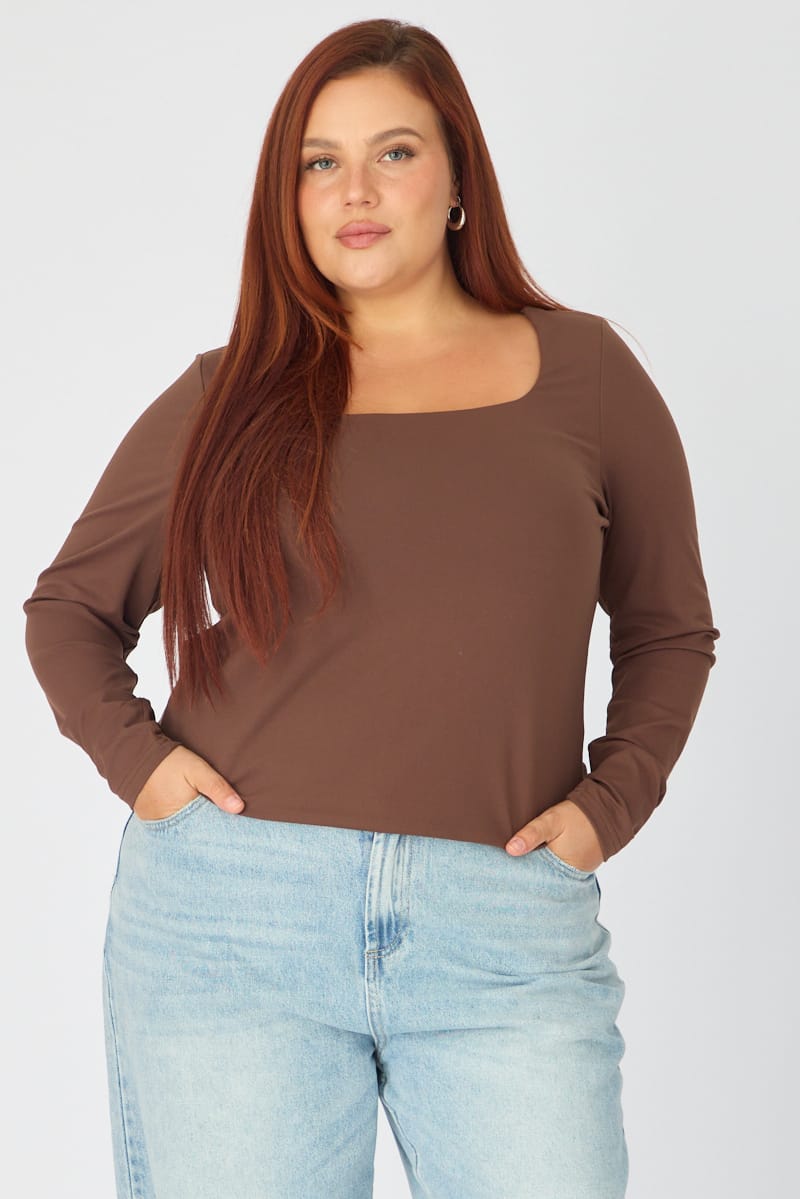Brown Supersoft Square Neck Top Long Sleeve for YouandAll Fashion