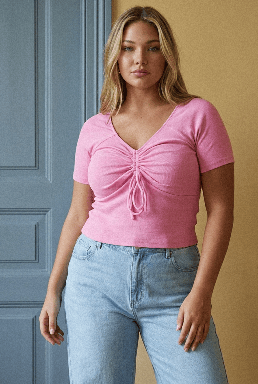 Pink Jersey Top Short Sleeve Drawstring Rib