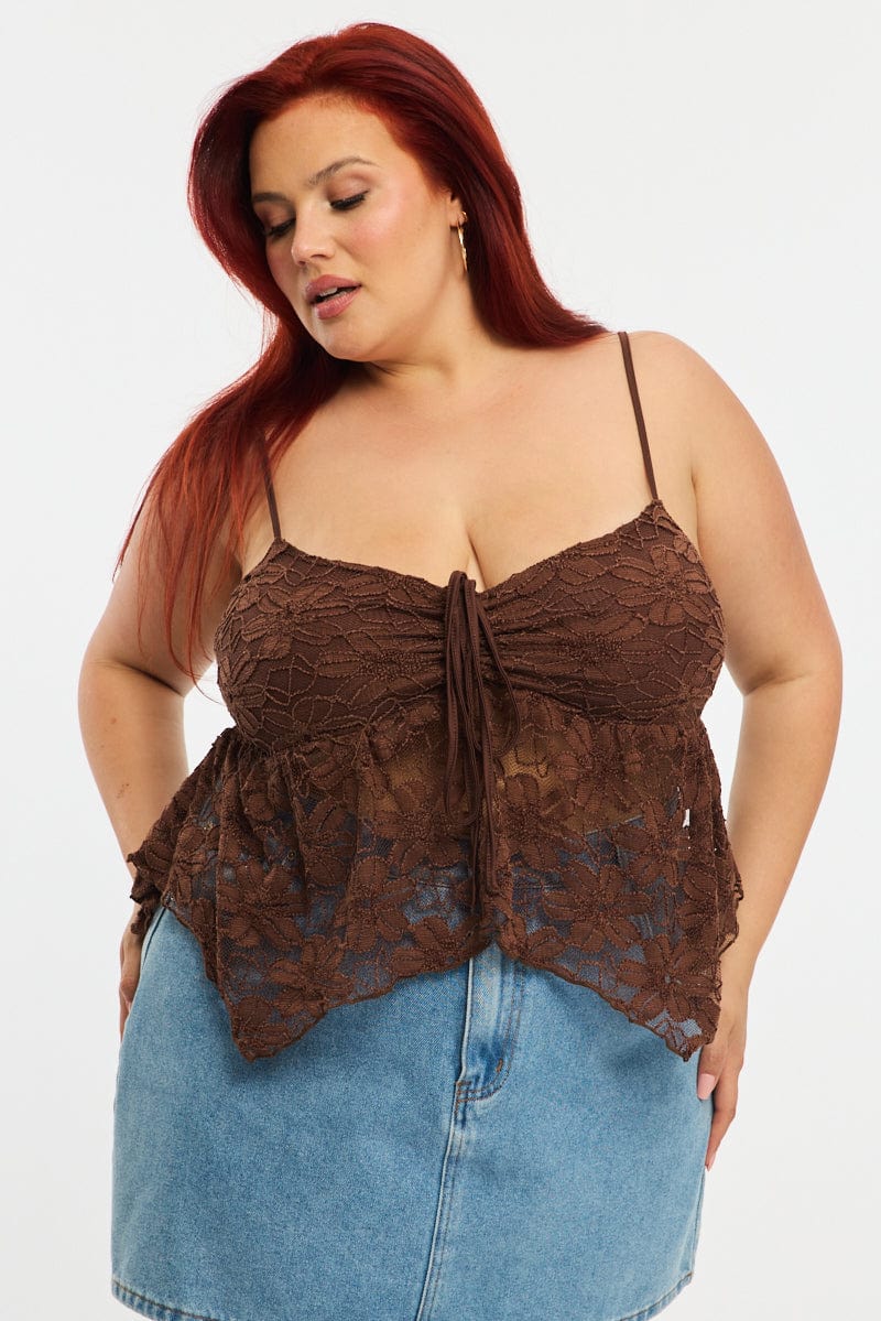 Brown Lace Cami Top Sleeveless Asymmetric Hem for YouandAll Fashion