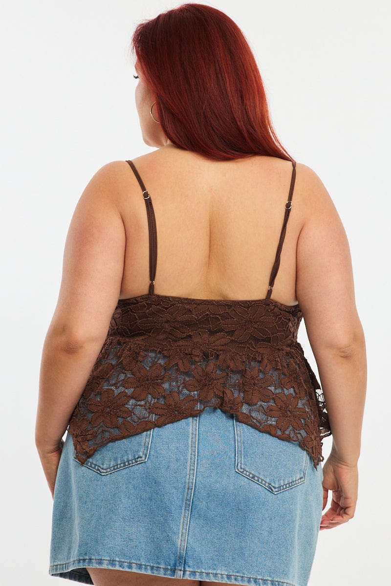 Brown Lace Cami Top Sleeveless Asymmetric Hem | You & All
