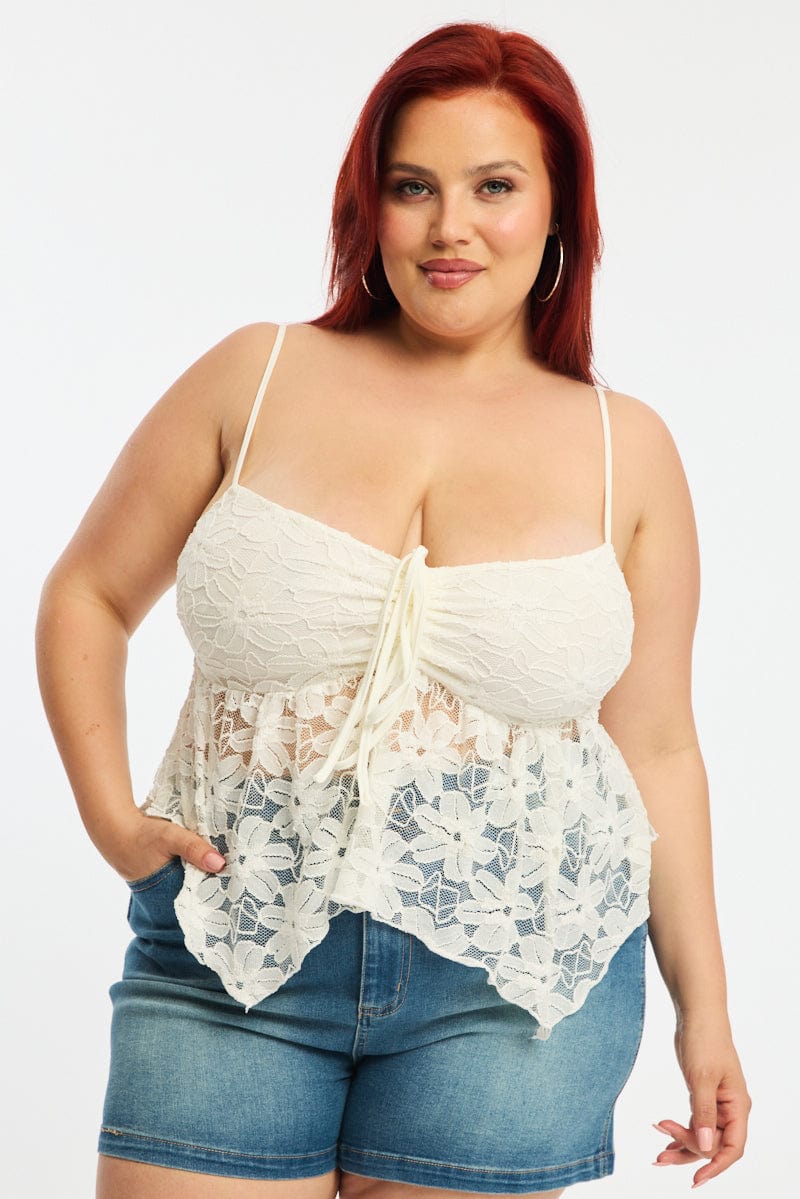 White Lace Cami Top Sleeveless Asymmetric Hem for YouandAll Fashion