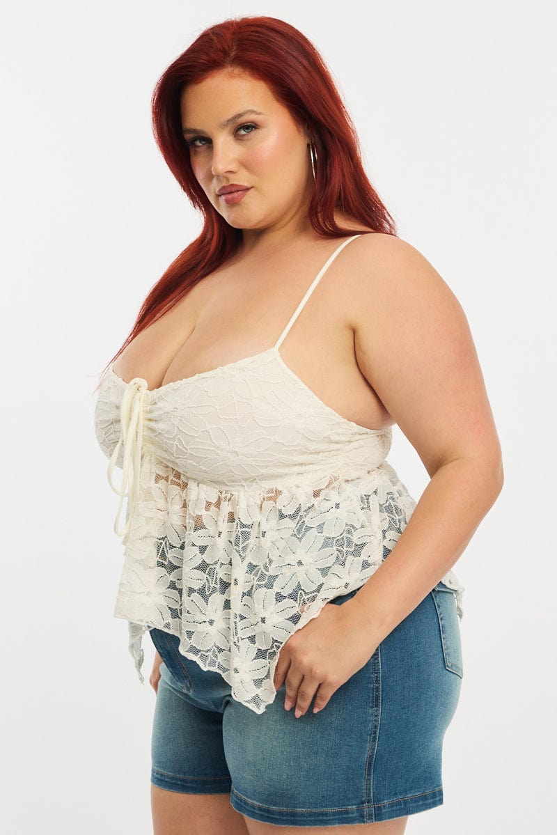White Lace Cami Top Sleeveless Asymmetric Hem for YouandAll Fashion