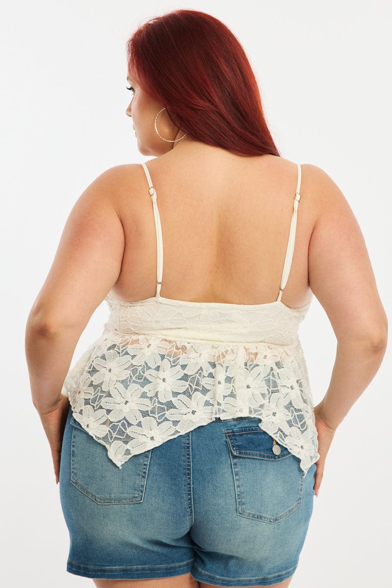 White Lace Cami Top Sleeveless Asymmetric Hem for YouandAll Fashion